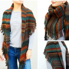 three pictures of a woman wearing a multicolored knitted shawl with fringes