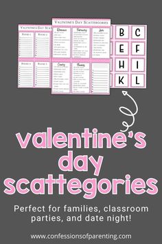 valentine's day scattergores with the words perfect for families, classroom parties and date night