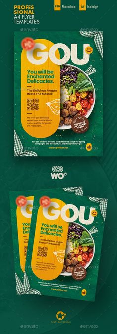 two flyers for gourmet restaurant with different colors and designs on the front, back and