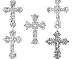 three different types of cross pendants on a white background, each with an intricate design