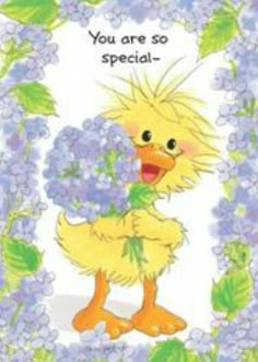 a greeting card with an image of a yellow duck holding blue flowers and the words, you are so special