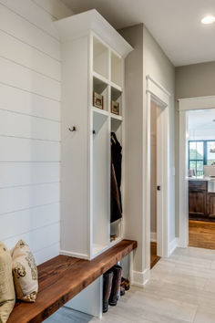 mudroom with shiplap and open storage Hallway Accent Wall, Shiplap Hallway, Hallway Accent, Yorkville Illinois, Farmhouse Mudroom, Craftsman Farmhouse, Halloween Diy Outdoor