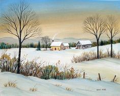 a painting of a snowy landscape with houses and trees