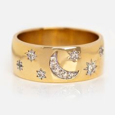 Solid Gold Diamond Night Sky Cigar Band | Local Eclectic Gold Hammered Ring, Ring With Moon, Four Stone Ring, Celestial Rings, Purple Stone Ring, Flush Set Diamond, Constellation Ring, Celestial Ring, Local Eclectic