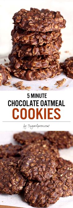 chocolate oatmeal cookies stacked on top of each other with text overlay