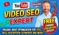 a man with a beard and mustache standing in front of a blue background that says video seo expert