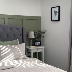 Happy Beds Winged Bed Grey Bed Green Wall, Sage Panelling, Grey And Sage Bedroom, Olive Green And Grey Bedroom, Bedroom Inspirations Grey Bed, Grey Bed Styling, Sage And Grey Bedroom, Grey And Green Bedroom, Grey And Green Bedroom Ideas