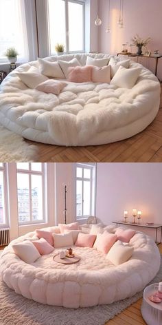 two pictures of a living room with white furniture and pink pillows on the couches