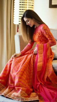 Green And Pink Anarkali Dress, Orange Pink Combination Dress, Benarasi Lehengas, Lehenga Sketches, Orange And Pink Outfit, Net Anarkali, Georgette Sharara, Lehenga Indian