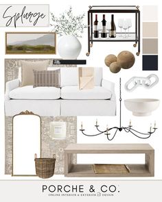 a living room with white furniture and accessories