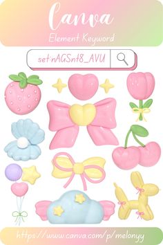 a bunch of different items that are in the shape of hearts and bows on a white background