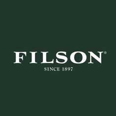 a black and white photo of the logo for filson since 1897, on a dark green background