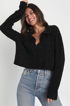 Cozy Textured Knit Cropped Sweater For Loungewear, Cozy Knit Tops, Cozy Ribbed Cropped Sweater For Loungewear, Casual Textured Knit Cropped Sweater For Loungewear, Cozy Black Cropped Long Sleeve Sweater, Chic Cozy Fit Tops For Winter, Cozy Black Long Sleeve Cropped Sweater, Black Cozy Long Sleeve Cropped Sweater, Black Cozy Cropped Sweater