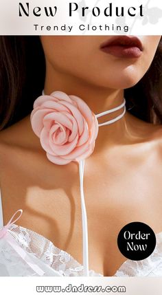 Satin Flower Choker Necklace Chic Pink Flower-shaped Jewelry, Chic Flower Necklaces For Party, Chic Flower Necklace For Party, Spring Flower Choker Necklace As Gift, Spring Flower Choker Necklace For Gift, Spring Party Necklace With Flower Charm, Rose-colored Flower Jewelry For Party, Chic Flower Shaped Party Necklace, Rose Flower Jewelry For Party