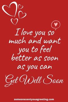 a red background with the words get well soon on it and two hearts flying in the air