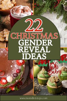 twelve christmas gender reveal ideas with text overlay that reads, 22 christmas gender reveal ideas