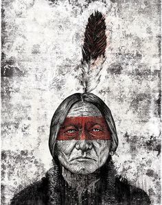 an old native american man with a feather on his head and red eyeliners