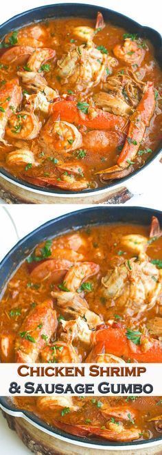 chicken shrimp and sausage gumbo is shown in two pans with the words chicken shrimp and sausage gumbo