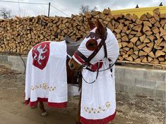 a horse dressed in white and red standing next to a pile of firewood with a blanket on it's back