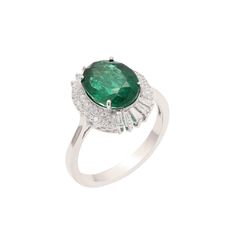 Natural Diamond Emerald Gemstone Ring | Solid 18K White Gold Statement Ring Jewelry | Emerald Engagement Ring | Gold May Birthstone Ring STONE DETAILS : ❋ Stone : Emerald & Diamond  ❋ Stone Size : 8x10 MM Approx. (± 0.20 MM) ❋ Stone Shape : Oval Cut ❋ Stone Color : As Shown In Picture ❋ Emerald Weight : 3.17 Cts. Approx. ❋ Diamond Weight : 0.55 Cts. Approx. ❋ Diamond Quality : FG-SI ❋ Stone / Diamond Type : Natural METAL DETAILS : ❋ Metal Purity : Solid 18K Gold  ❋ Metal Color : White Gold ❋ Rin Luxury Oval Cluster Ring With Center Stone, Luxury Cluster Ring With Oval Center Stone, Luxury Oval Diamond Ring, Luxury Oval Emerald Cluster Ring, Luxury Oval Cabochon Diamond Ring With Center Stone, Luxury Oval Halo Ring For Formal Occasions, Luxury Oval Emerald Ring With Brilliant Cut, Luxury Oval Cluster Ring With Halo Setting, Luxury Oval Cluster Ring With Halo Design