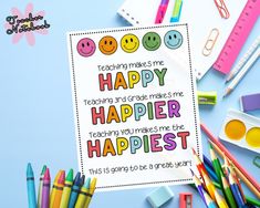 a happy teacher's day card with crayons, markers and pencils