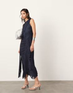 ASOS EDITION fringe chevron detail maxi dress in dark blue | ASOS Sleeveless Midi Dress With Tassels For Evening, Chic Sleeveless Midi Dress With Fringe, Sleeveless Fringe Maxi Dress For Evening, Evening Sleeveless Maxi Dress With Tassels, Sleeveless Evening Maxi Dress With Tassels, Chic Evening Maxi Dress With Tassels, Chic Sleeveless Fringe Maxi Dress, Sleeveless Fringe Maxi Dress For Night Out, Spring Evening Maxi Dress With Fringe