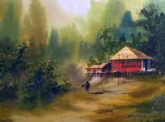 a painting of a red house in the woods