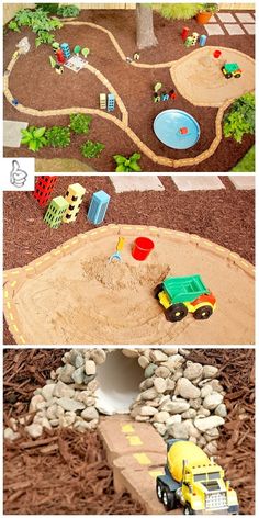 Outdoor Car Track For Kids Diy, Car Area Preschool, Under Tree Landscaping Ideas Backyards, Backyard Car Track, Backyard Race Track For Kids, Diy Backyard Play Area, Sandpit Play Ideas, Diy Kids Outdoor Play Area Ideas, Outside Play Area For Kids