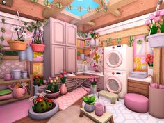 a room filled with lots of different types of furniture and flowers on the wall next to a washing machine