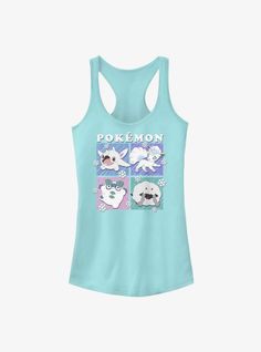 a women's tank top that says pokemon on the front and two images of dogs