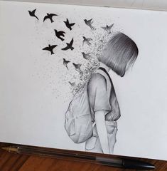 a drawing of a girl with birds flying over her head and the back of her head