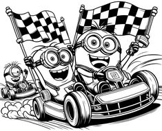 cartoon minion racing car with checkered flag in the race track, black and white