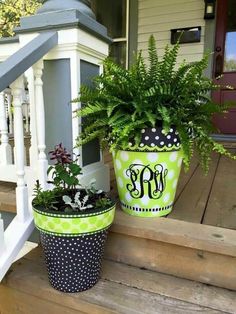 two potted plants sitting on the front steps of a house with polka dot pots