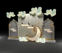 a 3d rendering of the moon in front of an arch with clouds and stars on it