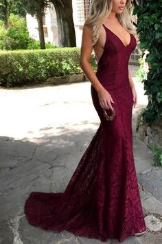 Sexy Burgundy Lace V-Neck Formal Dress Evening Gown Dresses Maroon Prom Dress, Mermaid Prom Dresses Lace, Prom Dresses 2018, Spaghetti Strap Prom Dress, Cheap Evening Dresses, Burgundy Prom Dress, Lace Prom Dress, Prom Dresses For Teens, Backless Prom Dresses