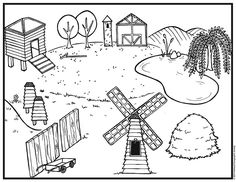 a black and white drawing of a windmill in the countryside with farm buildings on it