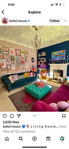 a living room filled with lots of furniture and pictures on the wall above it's fireplace