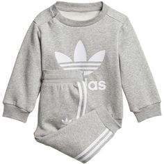 A cosy fleece track suit for little ones., This track suit is just like the grown-up version, but sized down for your smallest adidas fan. Cosy fleece feels soft and warm, and a big Trefoil on the sweatshirt and 3-Stripes down the pants add classic adidas style. Regular fit is not tight and not loose, the perfect in-between fit Ribbed crewneck Long sleeves; Ribbed cuffs Ribbed crewneck 3-Stripes tape on pants sides Button placket on shoulder for easy on and off (up to size 86); Drawcord on ribbe Cotton Sports Sets With Long Sleeves, Cotton Long Sleeve Sports Sets, Sporty Crew Neck Sets For Spring, Gray Cotton Crew Neck Sets, Casual Gray Long Sleeve Sets, Cotton Sets With Ribbed Cuffs For Spring, Fall White Crew Neck Sets, White Long Sleeve Sports Sets, Classic White Sets For Fall