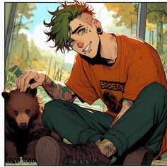 a man with green hair sitting next to a brown bear