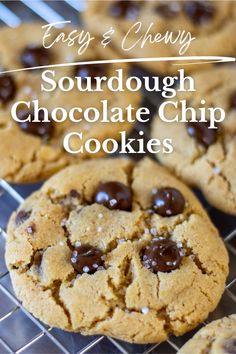 chocolate chip cookies cooling on a rack with text overlay