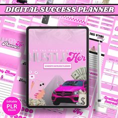 the digital success planner is displayed on top of pink paper and surrounded by other items