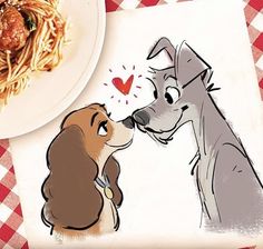 two dogs are kissing in front of a plate of spaghetti with meat on the side