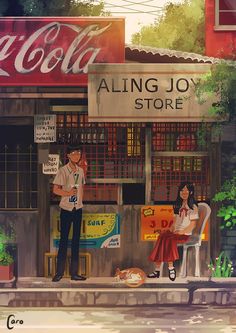 a man and woman standing in front of a store with coca cola signs on it