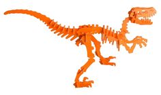 an orange plastic dinosaur toy on a white background with clippings to it's body