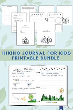 the hiking journal for kids printable bundle is shown in four different colors and sizes