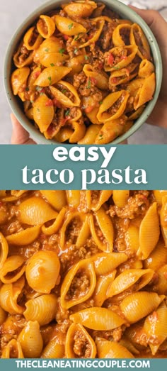 easy taco pasta in a bowl with text overlay