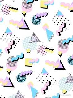 an abstract pattern with geometric shapes and lines on a white background in pastel colors