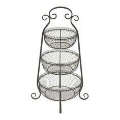 three tiered metal basket holder with wire on the top and bottom, holding two plates