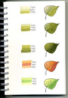 an open notebook with different colored leaves on it