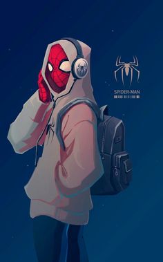 a person wearing headphones and a hoodie with a spider - man logo on it